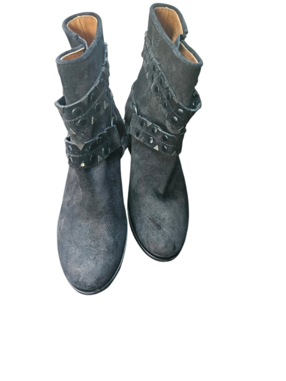 Frye Black Suede Ankle Booties with Studded Straps
